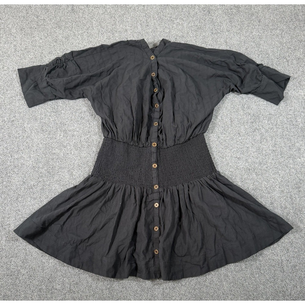 Maeve Anthropologie Smocked Mini Dress Women's S Black Puff Sleeve Button Front